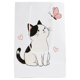 かわいい黒白の猫とピンクの蝶々 ミディアムペーパーバッグ