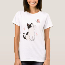 かわいい黒白の猫とピンクの蝶々 Tシャツ
