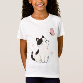 かわいい黒白の猫とピンクの蝶々 Tシャツ