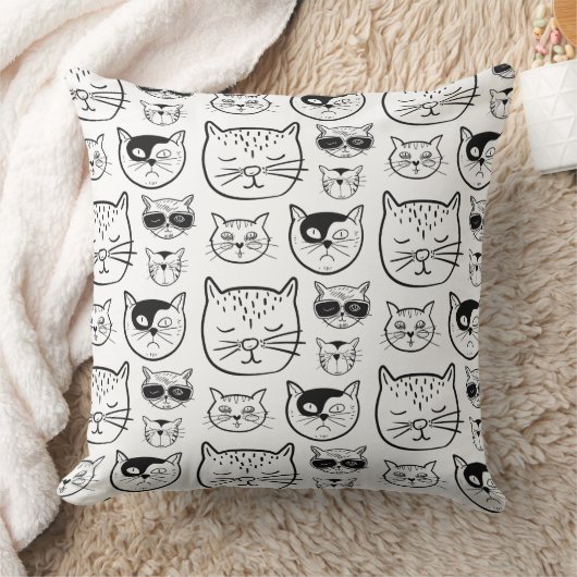 かわいい黒白の猫の顔パターン クッション (ブランケット)