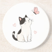 かわいい黒白猫とピンクの蝶々 コースター (正面)