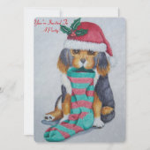 かわいい黒茶色の子犬とクリスマス・ストッキング 招待状 (正面)