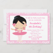 かわいい黒髪のバレリーナとピンクのダマスク 招待状 (正面)