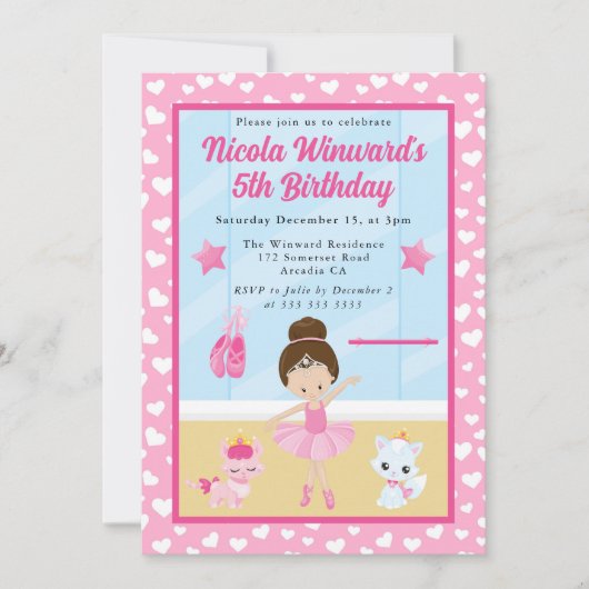 かわいい黒髪のバレリーナの子供の誕生日 招待状 (正面)