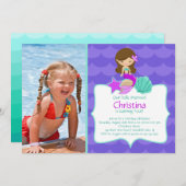 かわいい黒髪の人魚の写真を使った誕生日招待状 招待状 (正面/裏面)