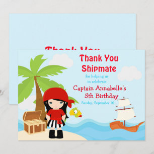 かわいい黒髪の海賊の女の子の誕生日パーティー サンキューカード