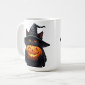 かわいい黒魔女猫が輝くカボチャを持つ🎃 コーヒーマグカップ (正面左)