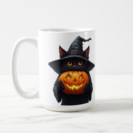 かわいい黒魔女猫が輝くカボチャを持つ🎃 コーヒーマグカップ (左)