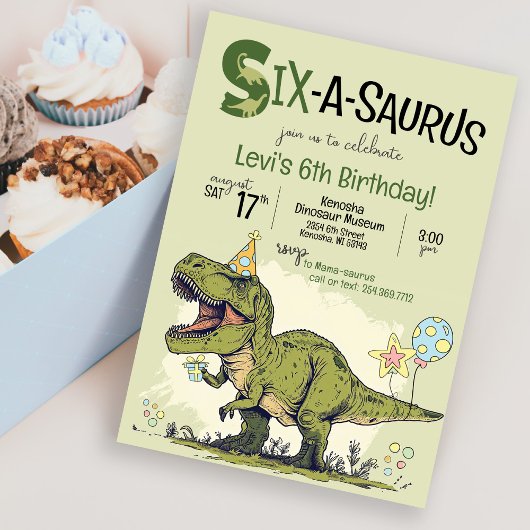 かわいいＴＲＥＸ恐竜６Ａサウルス６歳の誕生日パーティー 招待状
