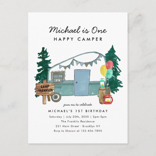 かわいい1ハッピーキャンパーツリーキャンピング1st誕生日 ポストカード (正面)