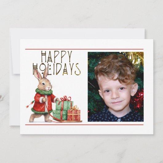 かわいい1フォトハッピーホリデーズクリスマスラビット シーズンカード (正面)