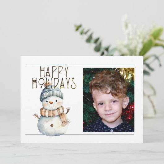 かわいい1フォトハッピーホリデー雪だるまイン帽子&スカーフ シーズンカード (スタンド正面)