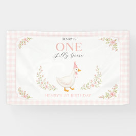 かわいい1歳の誕生日おめでとうガチョウちゃん ピンクのリボン 横断幕