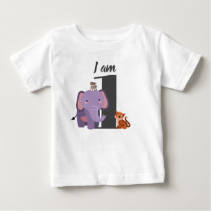 かわいい1歳の誕生日サファリ エレファント タイガー モンキー ベビーTシャツ