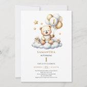 かわいい1歳の誕生日テディベア ゴールド アイボリー風船 招待状 (正面)