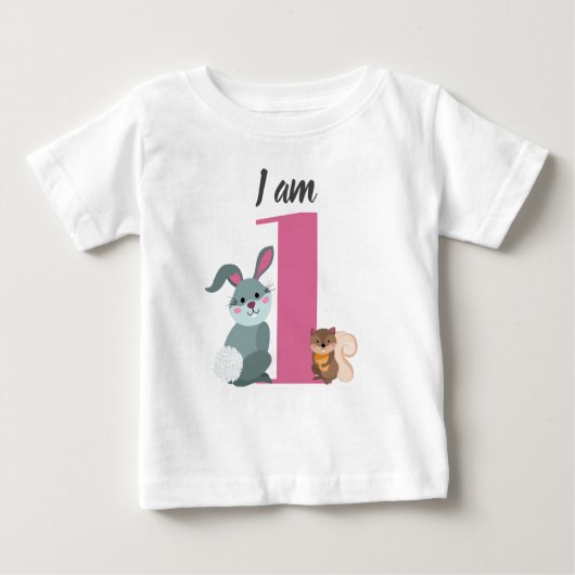 かわいい1歳の誕生日ピンクのリスのバニー ベビーTシャツ (正面)