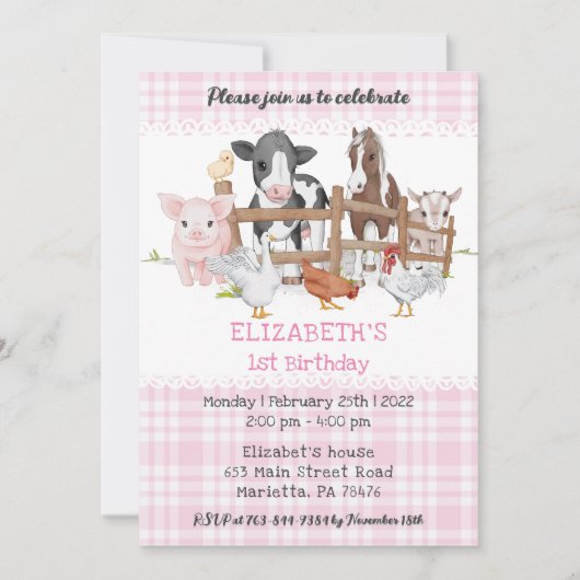 かわいい1歳の誕生日ファーム動物納屋周囲の庭おもしろいキッズ 招待状 (正面)