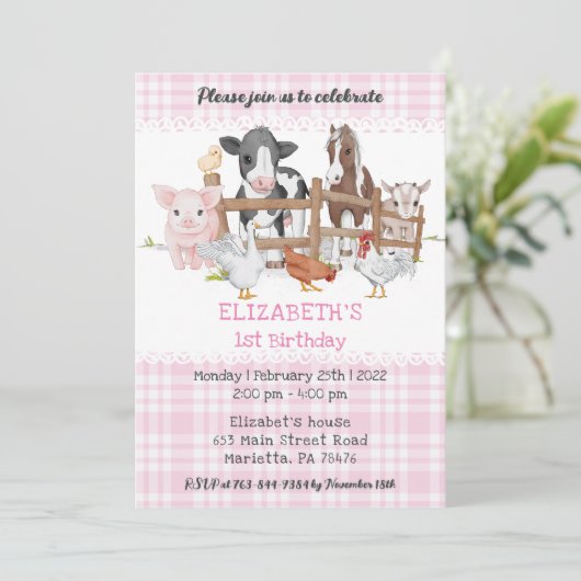かわいい1歳の誕生日ファーム動物納屋周囲の庭おもしろいキッズ 招待状 (スタンド正面)