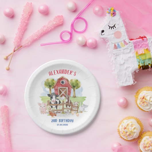 かわいい1歳の誕生日ファーム動物納屋周囲の庭キッズ紙 ペーパープレート (パーティー)
