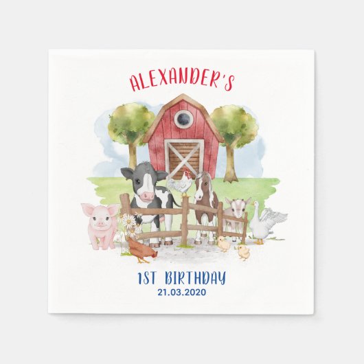 かわいい1歳の誕生日ファーム動物納屋周囲の庭キッズ スタンダードカクテルナプキン (正面)