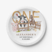 かわいい1歳の誕生日ファーム動物納屋周囲の庭キッズ ペーパープレート (正面)