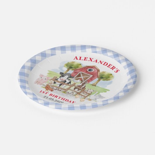かわいい1歳の誕生日ファーム動物納屋周囲の庭キッズ ペーパープレート (アングル)