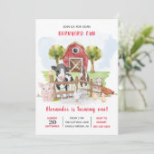 かわいい1歳の誕生日ファーム動物納屋周囲の庭キッズ 招待状 (スタンド正面)