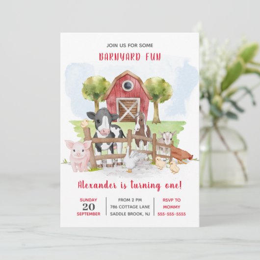 かわいい1歳の誕生日ファーム動物納屋周囲の庭キッズ 招待状 (スタンド正面)