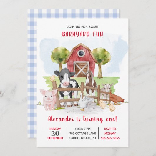かわいい1歳の誕生日ファーム動物納屋周囲の庭キッズ 招待状 (正面/裏面)