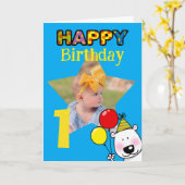 かわいい1歳の誕生日フォトベアバルーン カード (黄色い花)