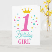 かわいい1歳の誕生日プリンセスクラウン誕生日ガール カード (黄色い花)