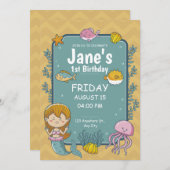 かわいい1歳の誕生日マーメイドザシー誕生日 招待状 (正面/裏面)