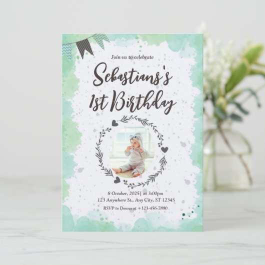 かわいい1歳の誕生日招待状 招待状 (スタンド正面)