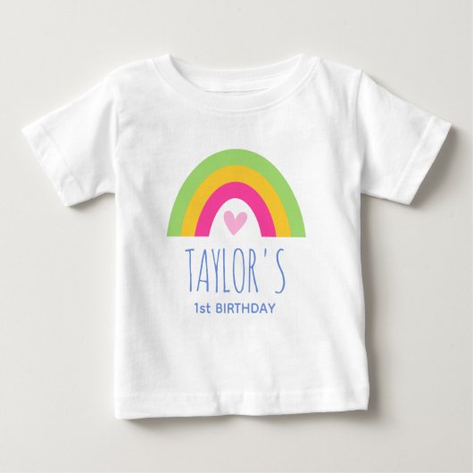 かわいい1歳の誕生日虹オーダーメイド名前ピンク 緑 ベビーTシャツ (正面)