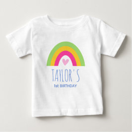 かわいい1歳の誕生日虹色カスタム名前ピンクグリーン ベビーTシャツ