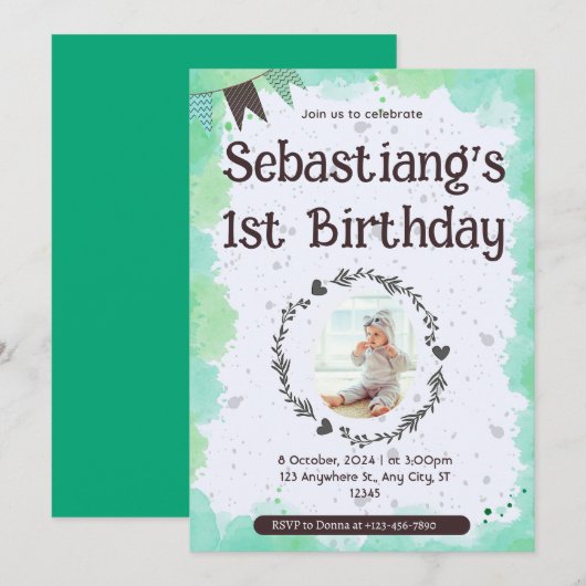 かわいい1歳の誕生日 招待状 (正面/裏面)