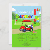 かわいい1歳の誕生日 赤いゴルフカート 男の子の 招待状 (正面)