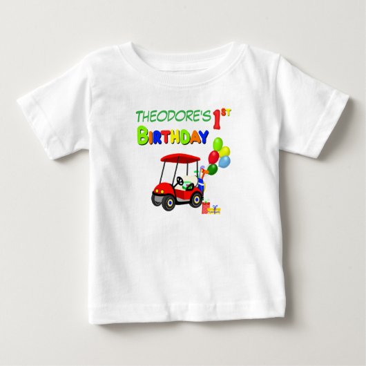 かわいい1歳の誕生日 赤いゴルフカート 男の子用 ベビーTシャツ (正面)