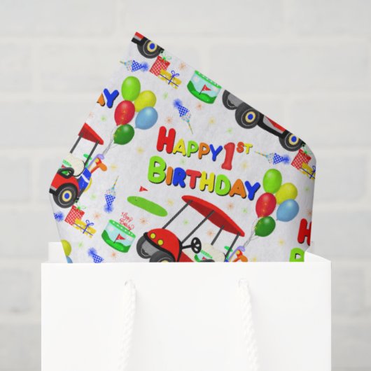 かわいい1歳の誕生日 赤いゴルフカート 男の子用 薄葉紙 (ギフトバッグ)