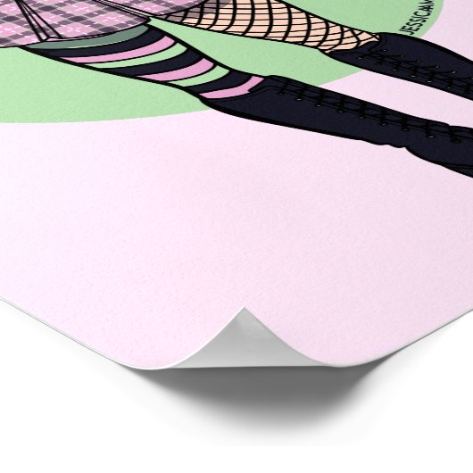 かわいい10代のパンクガールピンクグリーンマンガイラストレーション ポスター (角)