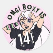 かわいい10代のパンクガールピンク名14誕生日 ラウンドシール (正面)