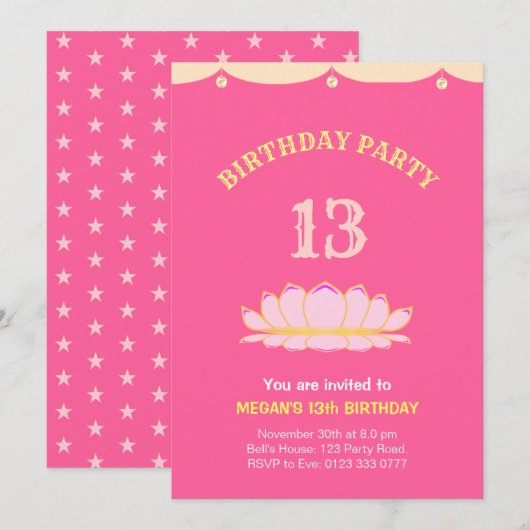 かわいい13歳の誕生日パーティーの招待状 招待状 (正面/裏面)
