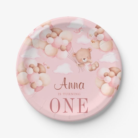 かわいい1thバースデーテディベアベビー誕生日ピンク ペーパープレート (正面)