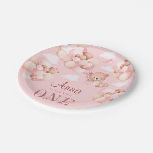かわいい1thバースデーテディベアベビー誕生日ピンク ペーパープレート (アングル)