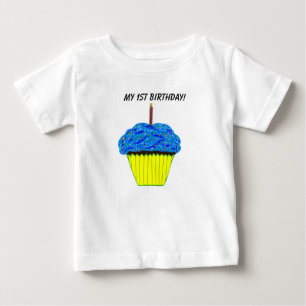 かわいい1thバースデーブルーカップケーキ乳児Tシャツ ベビーTシャツ