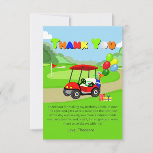 かわいい1th誕生日レッドゴルフカート少年 サンキューカード (正面)