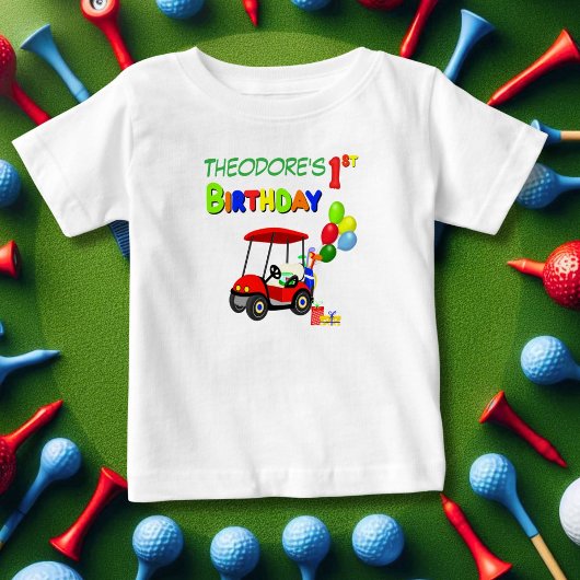 かわいい1th誕生日レッドゴルフカート少年 ベビーTシャツ