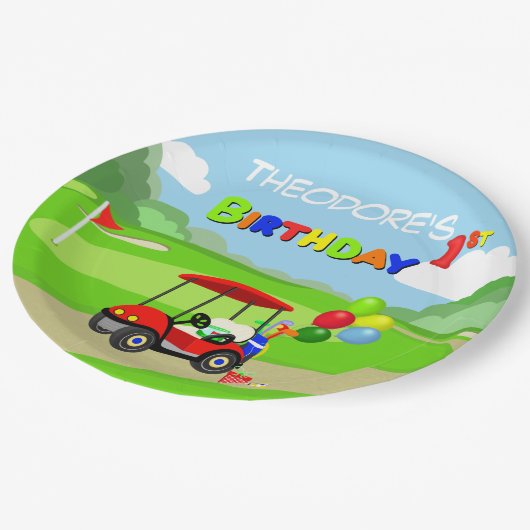 かわいい1th誕生日レッドゴルフカート少年 ペーパープレート (アングル)