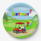 かわいい1th誕生日レッドゴルフカート少年 ペーパープレート (正面)