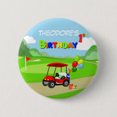 かわいい1th誕生日レッドゴルフカート少年 缶バッジ (正面)